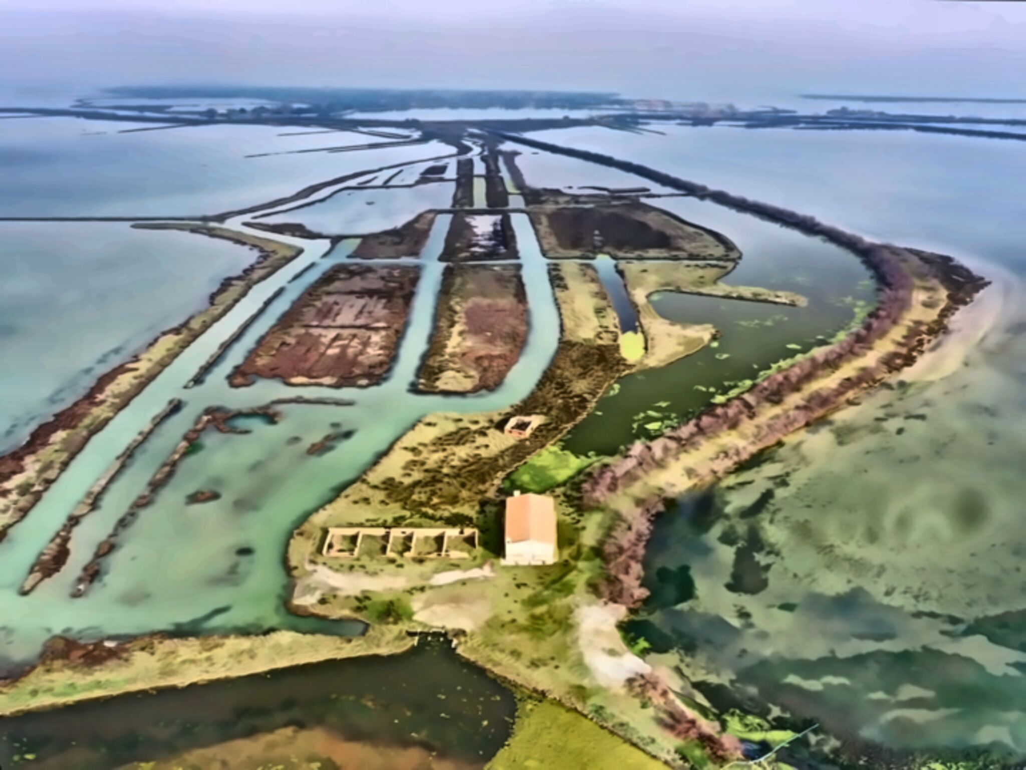 Vista aérea de una zona costera con una extensa masa de agua, una distribución ordenada con senderos y un edificio central.