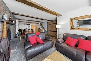TV connectée, cheminée, livres
