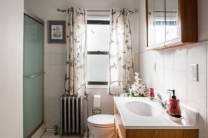 Douche, baignoire à jets, sèche-cheveux, serviettes fournies