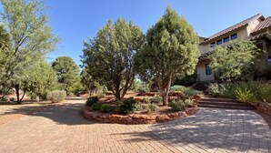 A paved courtyard with a central tree, surrounded by various shrubs and plants, leading to a building with a tiled roof.