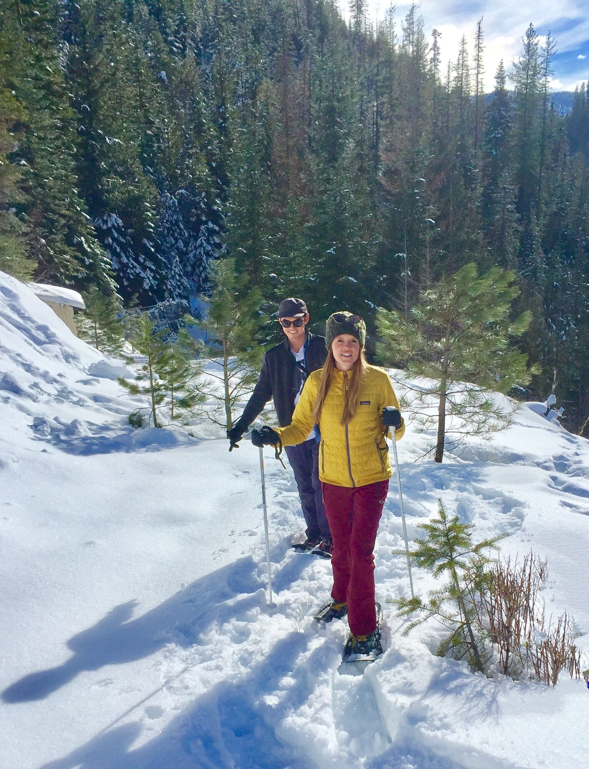 A snowy landscape with two people hiking, surrounded by trees and a clear sky.