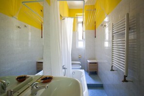 Hair dryer, bidet, towels, soap