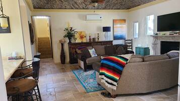 Smart TV, fireplace, DVD player, foosball