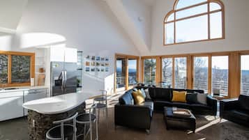 Smart TV, chimenea, libros, estéreo