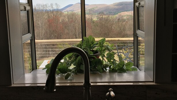 A window with a view of a mountainous landscape, a plant on the windowsill, and a metal faucet. - Air Bellows Gap Retreat (Sparta)