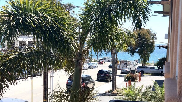 A balcony with a view of a street, palm trees, and parked vehicles. - Carlsbad Village, Great Beach Access, Shops & Restaurants (Carlsbad)
