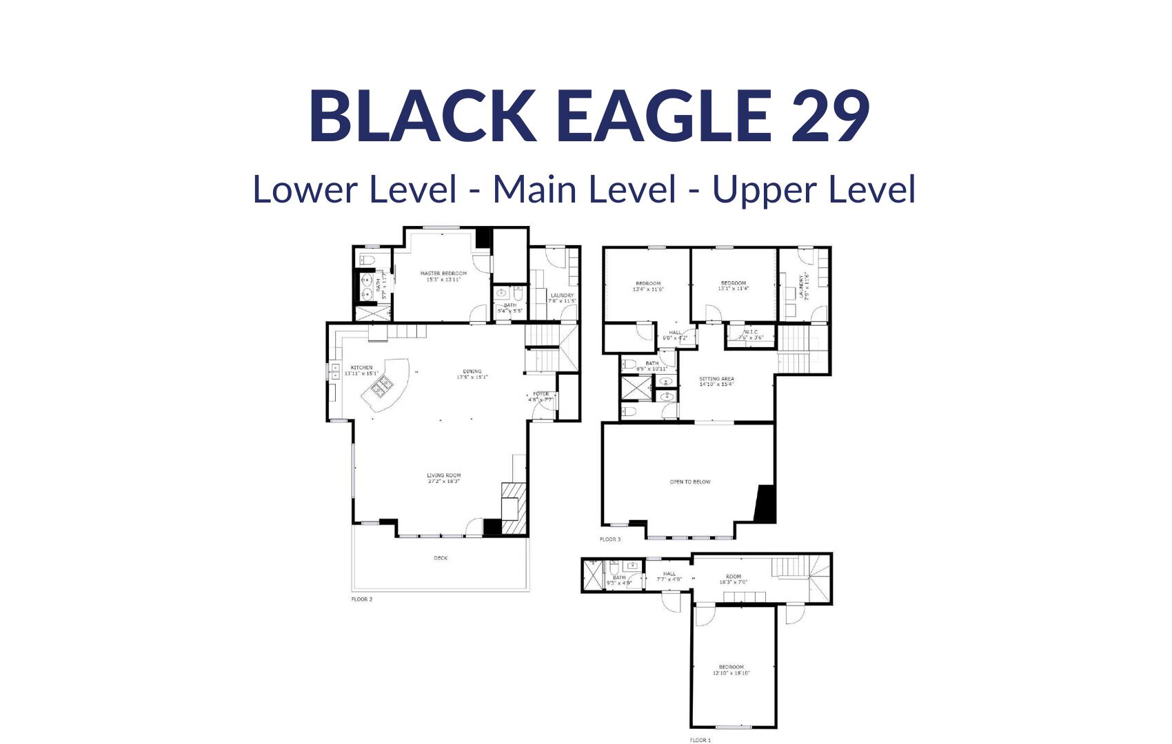A floor plan of a three-level Black Eagle 29 hotel with labeled rooms and dimensions.