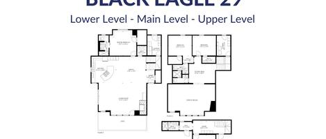 A floor plan of a three-level Black Eagle 29 hotel with labeled rooms and dimensions.