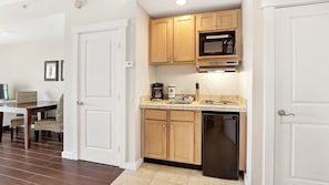 Fridge, microwave, coffee/tea maker, toaster