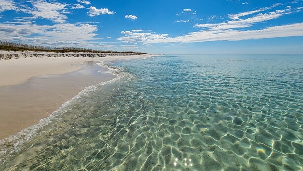 A beach with clear shallow waters and a sandy shore. - Origin 1208: Gulf-View 1BR w/ Balcony & Washer/Dryer! (Panama City Beach)