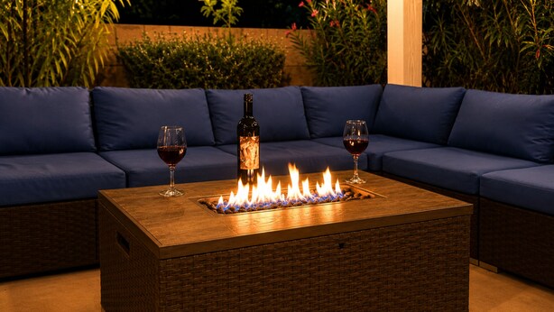 A rectangular fire feature with two wine glasses on a blue sofa.
