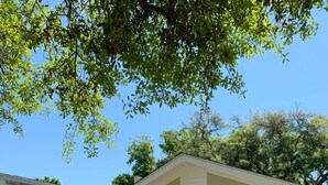 A covered outdoor area with a white railing, a concrete floor, and a number '1156' on the wall. - Walk  to beach & 7 restaurants.  Our 1950’s 3 bed & 2 bath cottage is fantastic! (St. Simons)