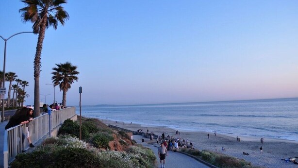 A coastal walkway with palm trees, a beach, and people walking. - Carlsbad Village, Great Beach Access, Shops & Restaurants (Carlsbad)