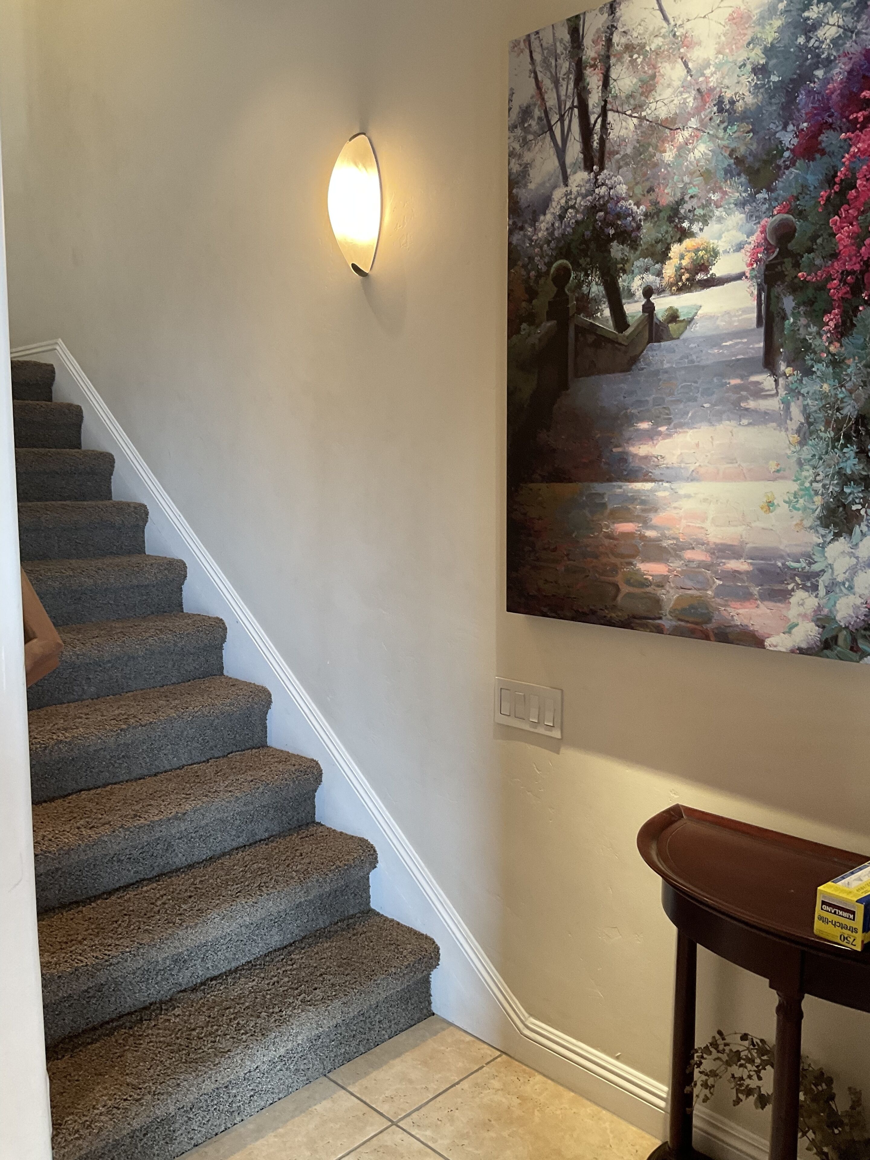 A staircase with carpeted steps and a wall-mounted light fixture.
