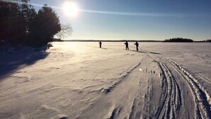 Un paysage enneigé, avec un ciel dégagé et un soleil brillant.