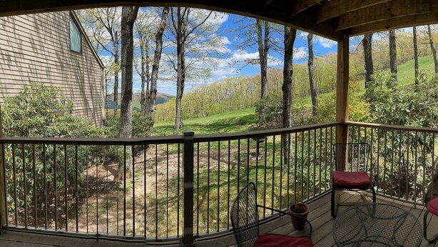 A covered porch with a view of a grassy yard and trees. - Eagles Court Ski In/Ski Out Condo with Walkable Location & Mountain Views! (Wintergreen Resort)