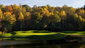 A golf course with a pond and trees in the background. - Eagles Court Ski In/Ski Out Condo with Walkable Location & Mountain Views! (Wintergreen Resort)