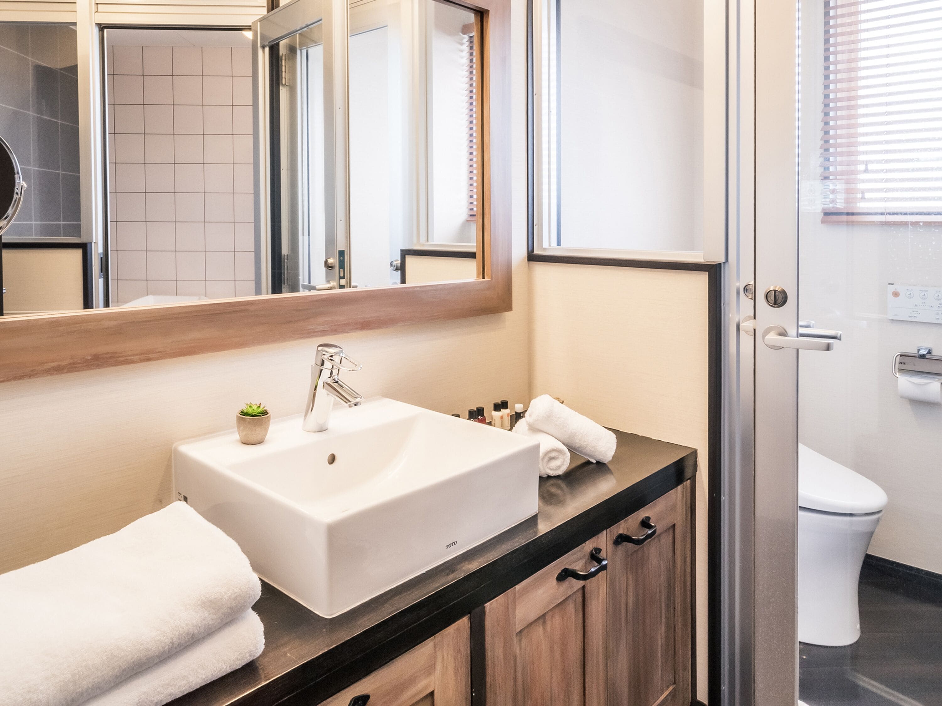 Une salle de bain moderne avec un lavabo blanc, un miroir, une petite plante en pot et des toilettes.