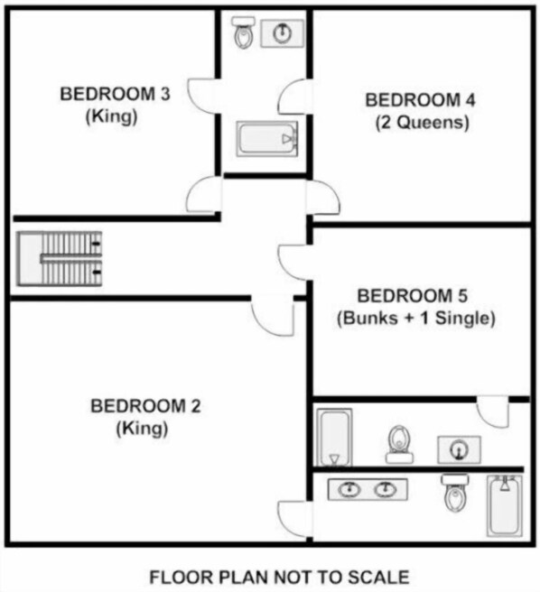 A floor plan of a hotel with five bedrooms, including two king-sized rooms, two queen-sized rooms, and one room with a bunk bed and a single bed.