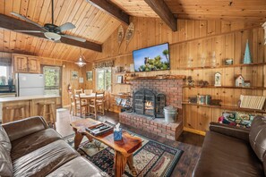 Smart TV, fireplace, foosball