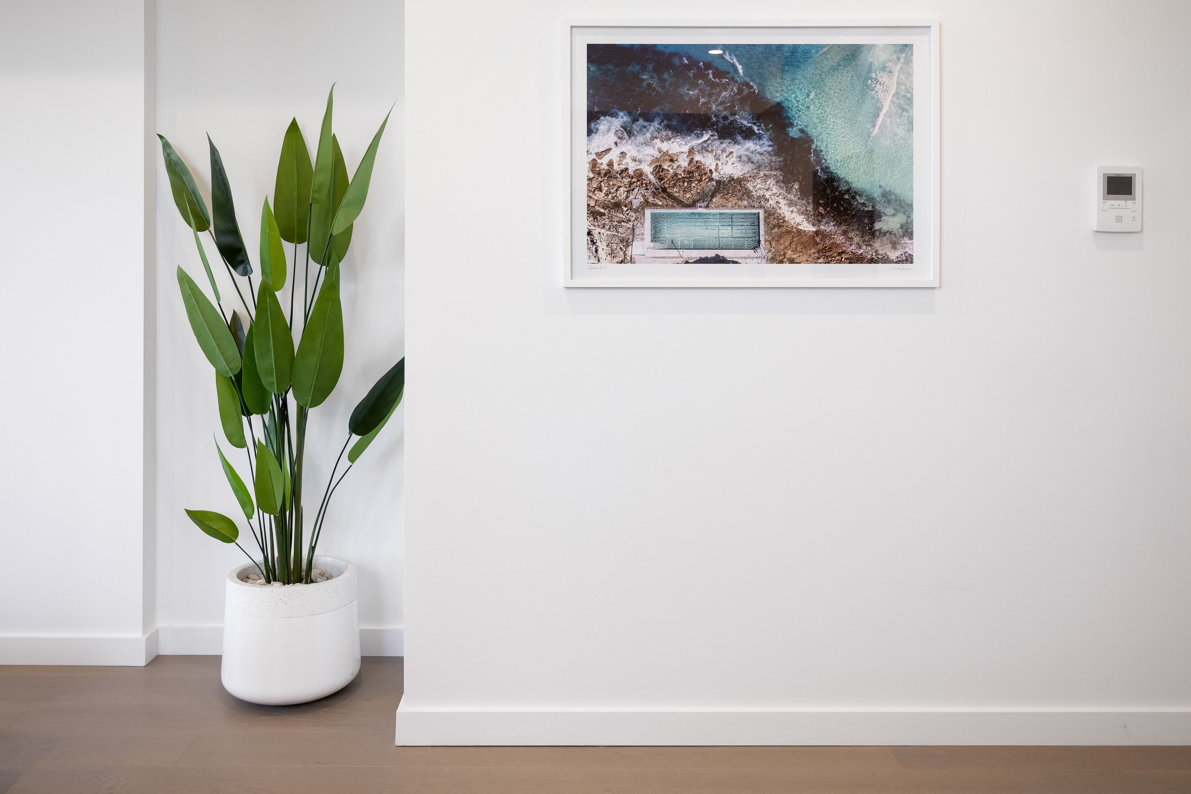 Une pièce avec une plante en pot, un tableau encadré représentant une scène de plage et un thermostat fixé au mur.