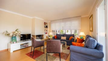 Televisión, chimenea, reproductor de DVD y estéreo