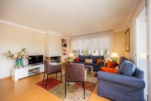 Una televisión, una chimenea, un reproductor de DVD