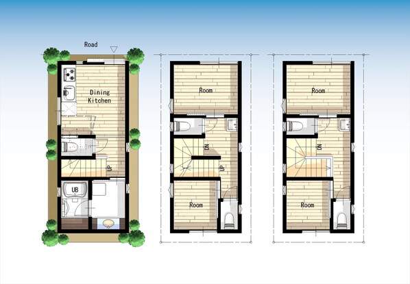 Plano de planta de un edificio de dos pisos, con cocina-comedor en la planta baja y varias habitaciones en el piso superior.