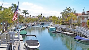 A marina with boats docked, a flagpole with an American flag, and palm trees.