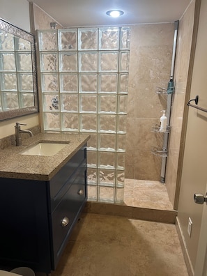 Combined shower/tub, jetted tub, hair dryer, towels