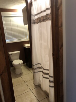 Combined shower/bathtub, hair dryer, towels, soap