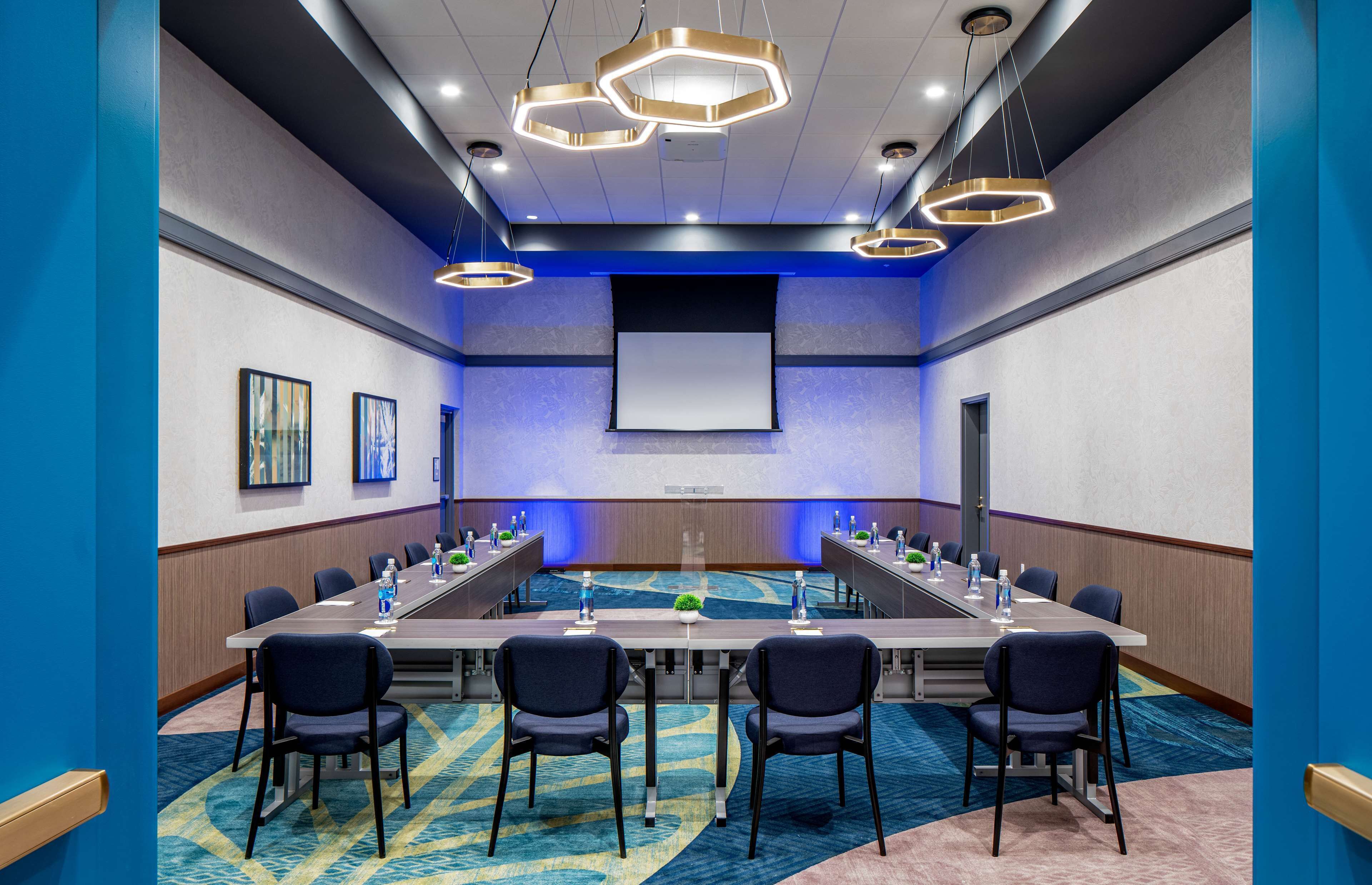 A conference room with a long table, chairs, a projector screen, and a blue carpet.