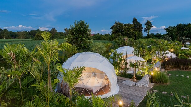 A dome-shaped tent with a bed inside, surrounded by lush greenery and a wooden deck.