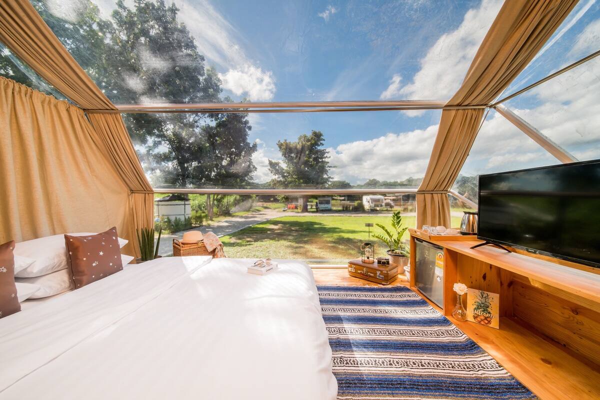 Ein Schlafzimmer mit einem großen Bett, einem Fernseher und Blick auf eine grüne Landschaft durch eine Glasdecke.