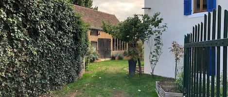 A residential property with a paved driveway leading to a wooden gate, a well-maintained lawn, and a hedge.