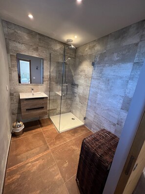 Shower, hair dryer, towels, toilet paper