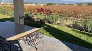 A covered patio with a table and chairs, overlooking a vineyard and a mountain.