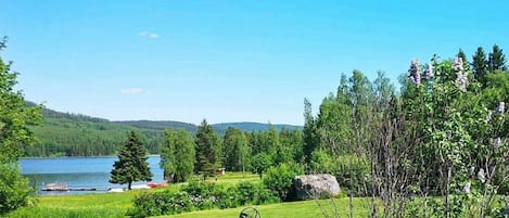 A grassy area with a satellite dish, a lake, and trees in the background.