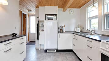 A modern kitchen with white cabinets, a built-in microwave, and a sink.