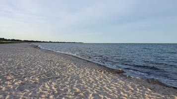 A sandy beach with gentle waves, a clear sky, and a distant shoreline.