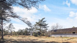 A rural property with a large open field, a wooden cabin, and a small house.