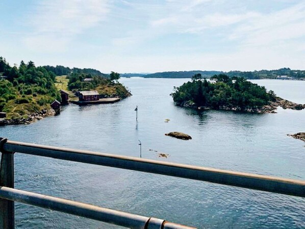 A view of a river with a bridge in the foreground and small islands with vegetation in the background.