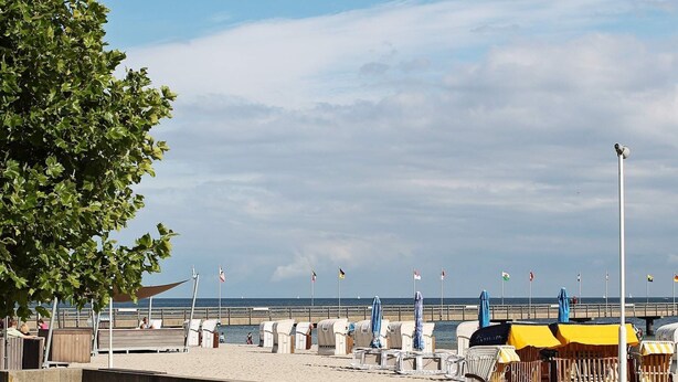 A beachside promenade with rows of beach chairs and umbrellas, a sandy beach, and a view of the sea. - Holiday Home in GroÃŸenbrode (Grossenbrode)