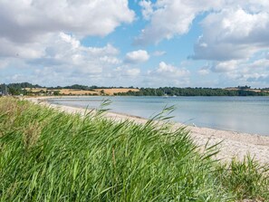 A lakeside view with a sandy beach, grassy foreground, and a distant tree line. - 6 Person Holiday Home in Broager (Broager)