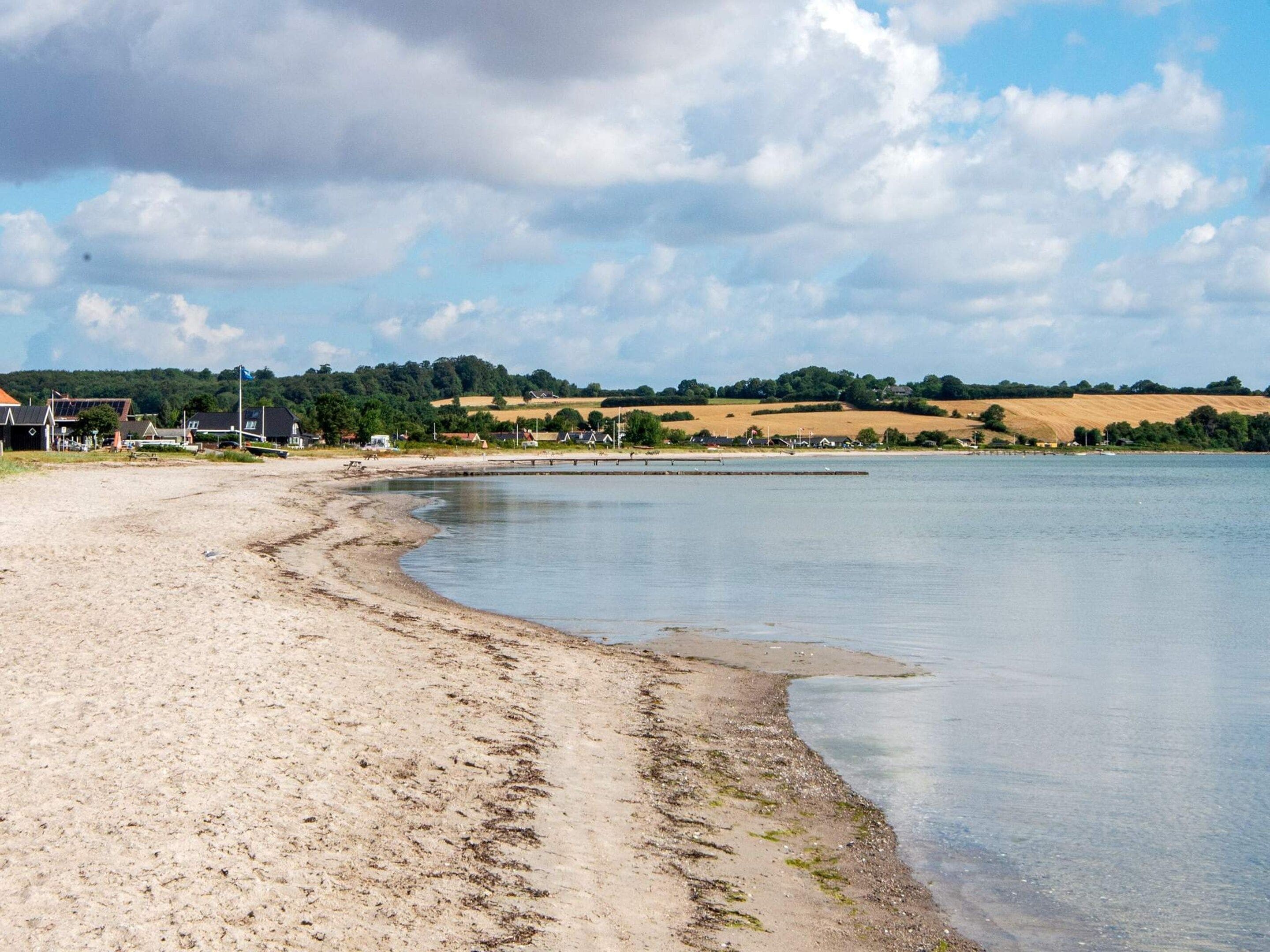 A sandy beach with a calm water body, a clear sky, and distant houses.
