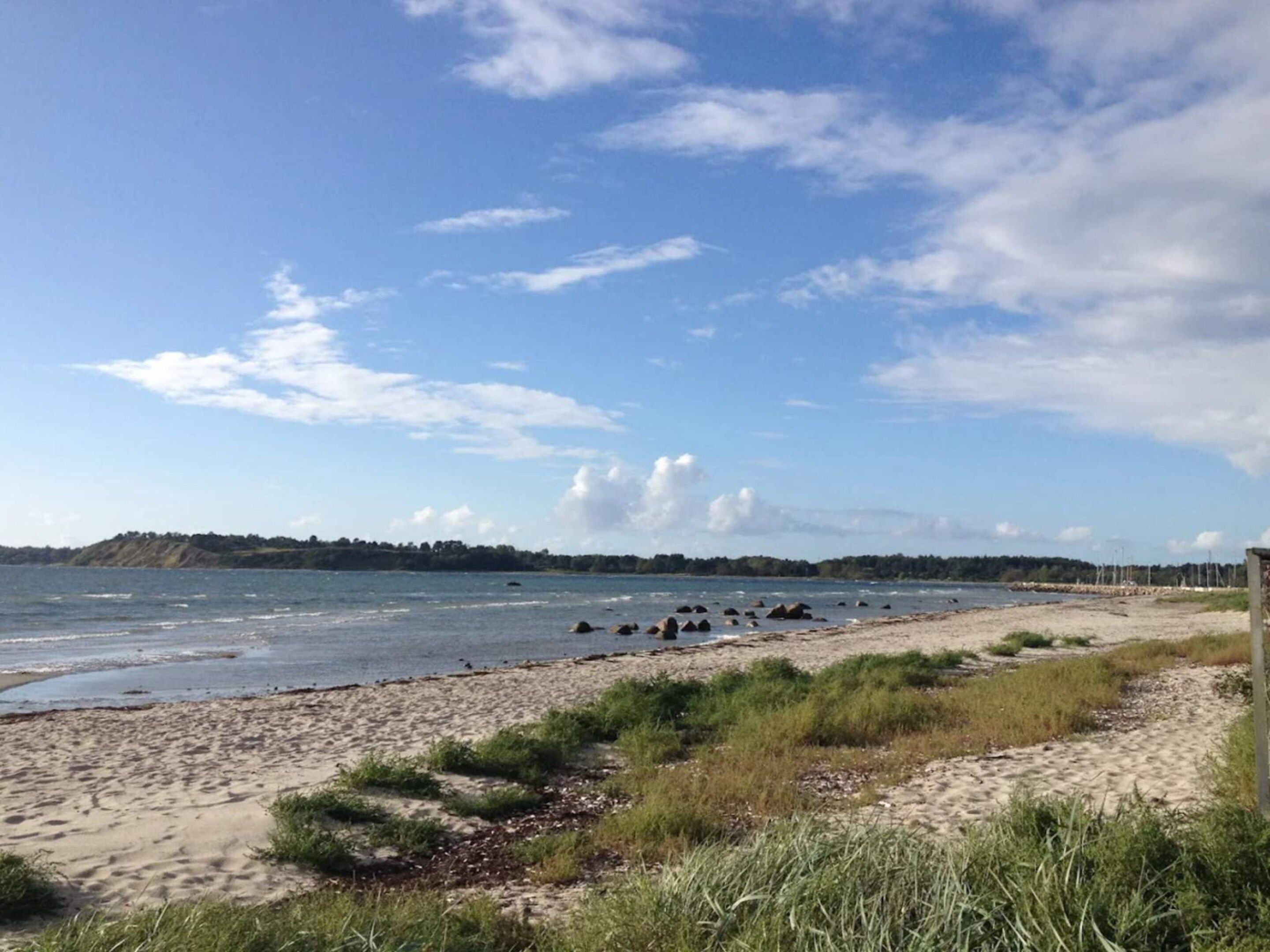 A beach with sand, grass, and a body of water.