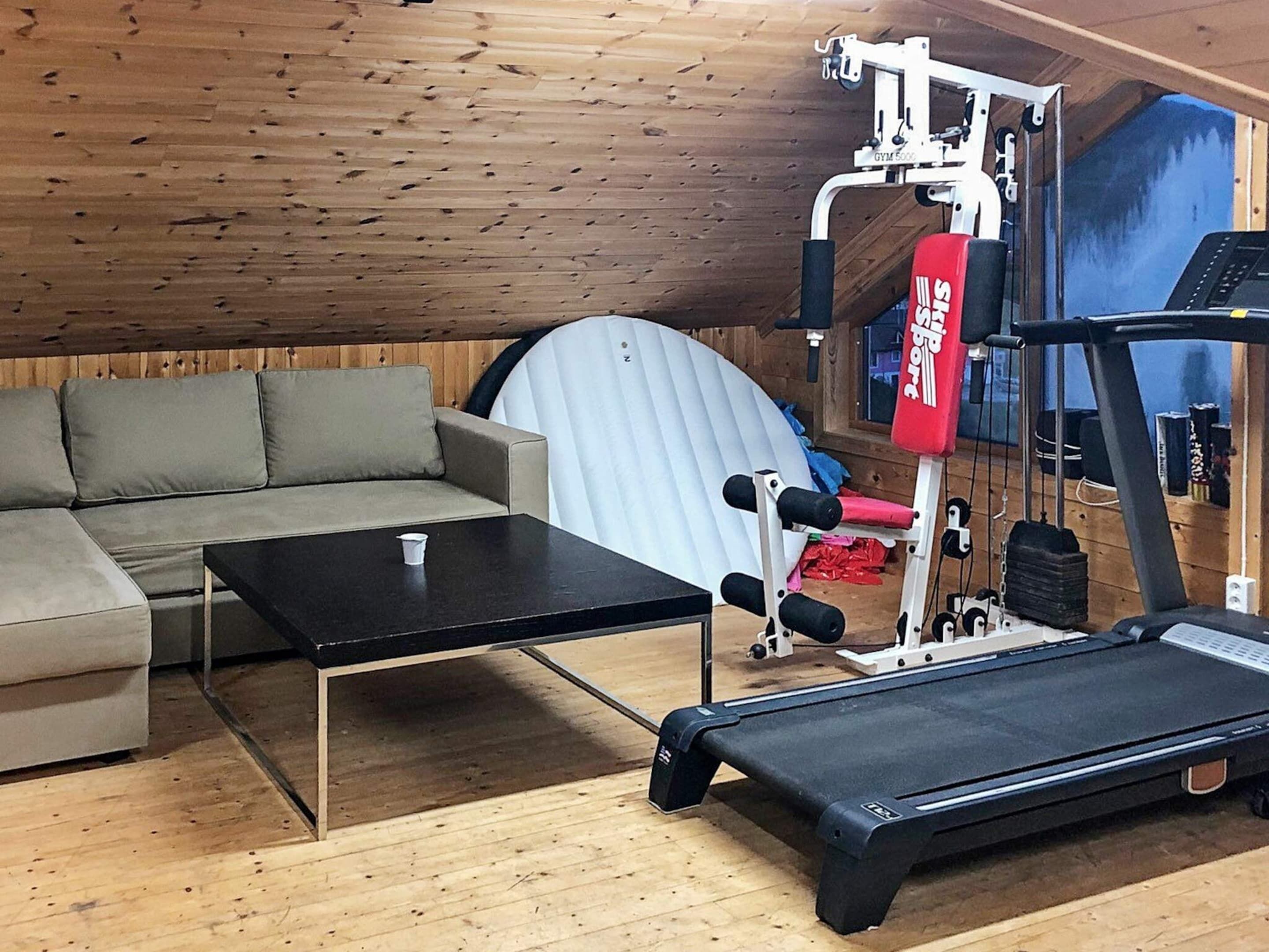 A gym with a treadmill, weight bench, and a couch in a room with wooden walls and a sloped ceiling.