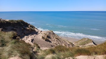 Un paysage côtier caractérisé par des dunes de sable et une vue dégagée sur l’océan.