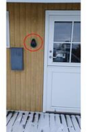 A wooden door with a window, a mailbox, and a red circular marking on the wall. - 4 Star Holiday Home in Dannemare (Dannemare)