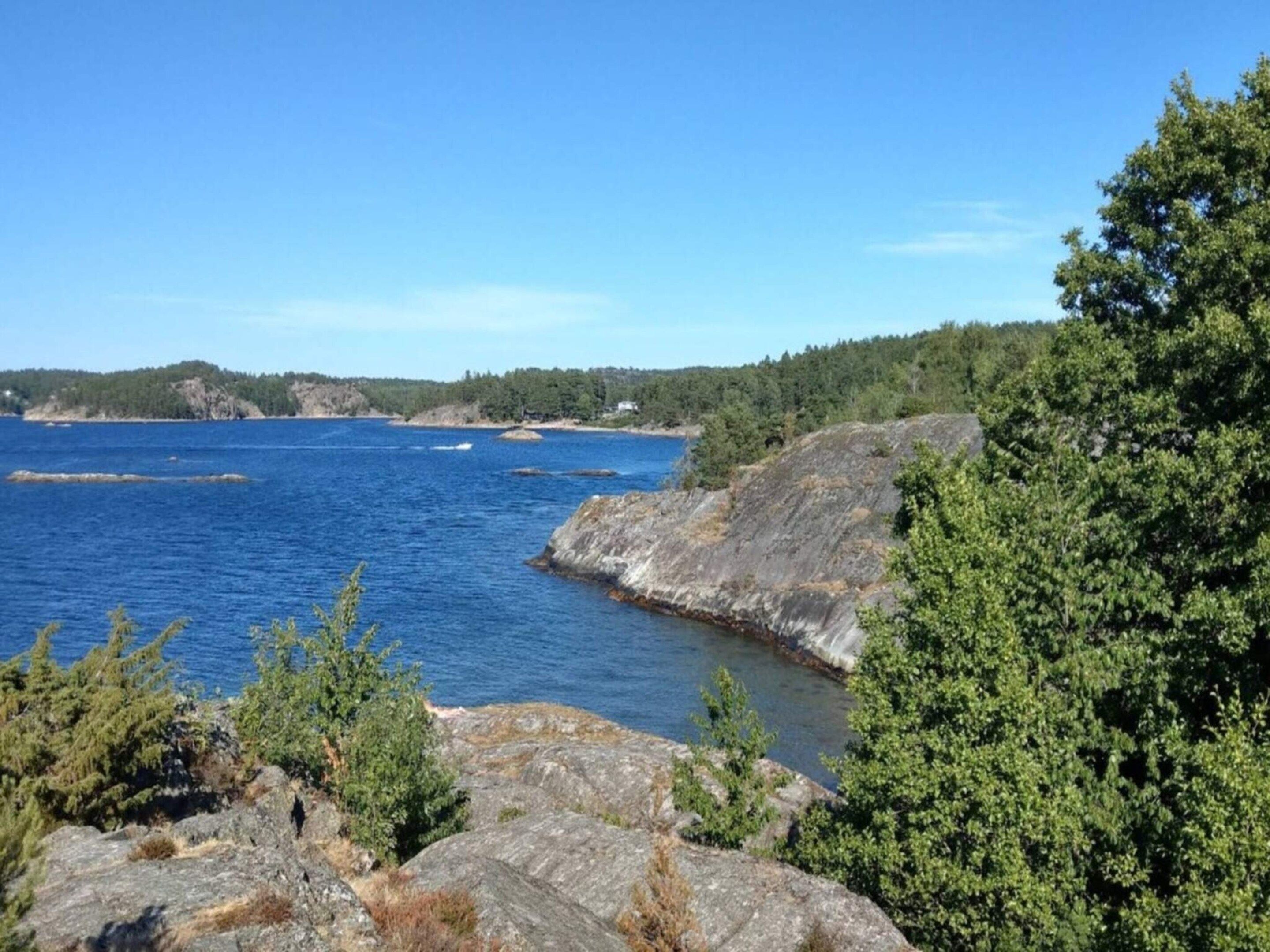 A coastal landscape with rocky terrain and dense greenery.